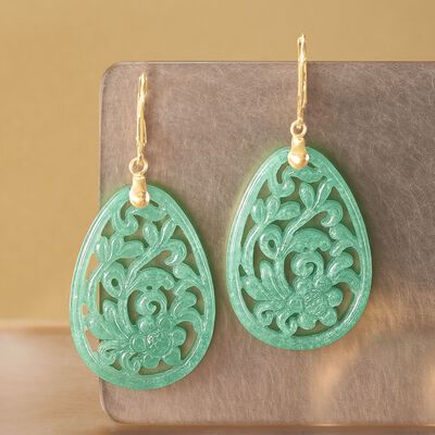 Carved Jade Floral Drop Earrings with 14kt Yellow Gold