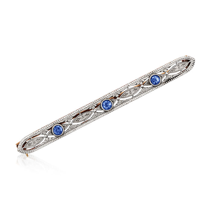 C. 1920 Vintage .30 ct. t.w. Sapphire Filigree Bar Pin in Platinum and 14kt Yellow Gold