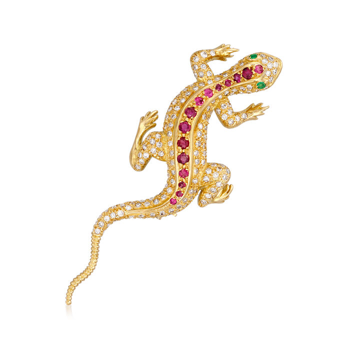 C. 1980 Vintage .95 ct. t.w. Diamond Lizard Pin with .52 ct. t.w. Rubies and Emerald Accents in 18kt Yellow Gold