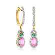 .90 ct. t.w. Pink Sapphire and .25 ct. t.w. Diamond Drop Earrings with Emerald Accents in 14kt Yellow Gold