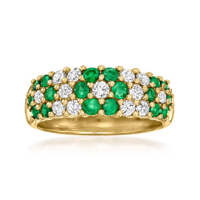 C. 1990 Vintage .71 ct. t.w. Emerald and .51 ct. t.w. Diamond Flower Ring in 18kt Yellow Gold