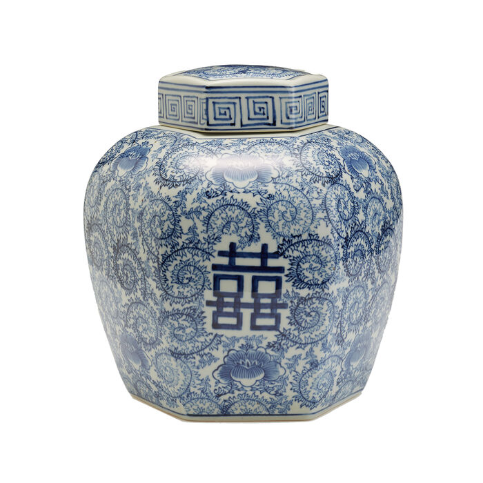 Blue and White Porcelain &quot;Double Happiness&quot; Floral Covered Jar