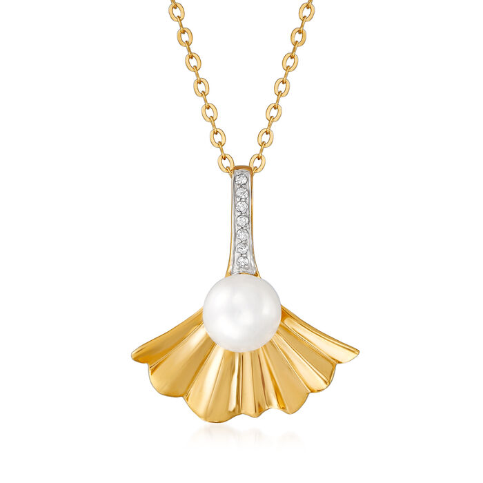 Cultured Pearl and Diamond-Accented Fan Pendant Necklace in 18kt Gold Over Sterling