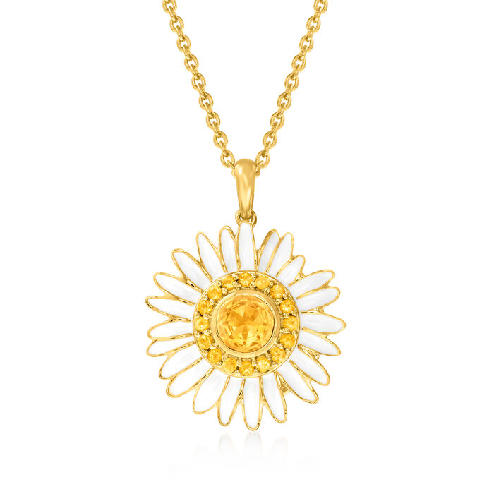 1.10 ct. t.w. Citrine and White Enamel Daisy Pendant Necklace in 18kt Gold Over Sterling