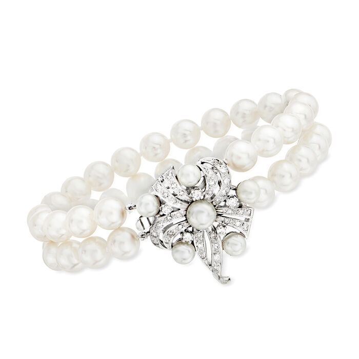 C. 1970 Vintage 6.5-7.5mm Cultured Pearl and .60 ct. t.w. Diamond Two-Row Bracelet in 14kt White Gold