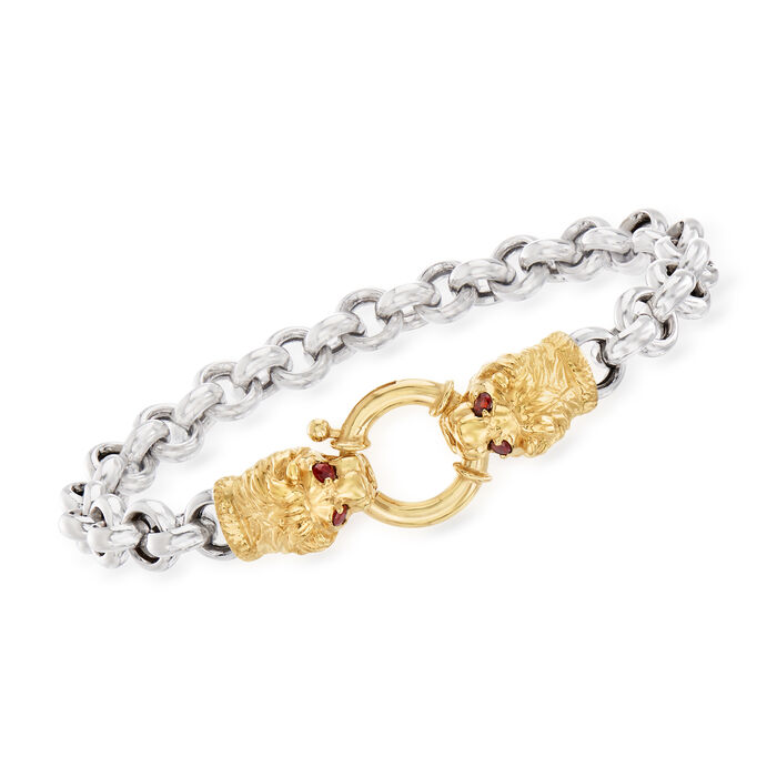 .20 ct. t.w. Garnet Double Lion Head Bracelet in Two-Tone Sterling Silver