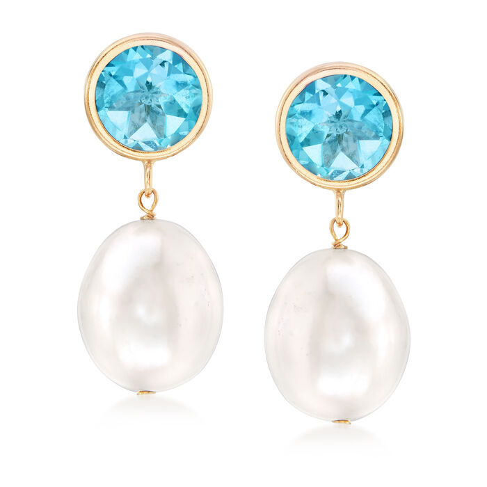 9.5-10mm Cultured Pearl and 4.00 ct. t.w. Sky Blue Topaz Drop Earrings in 14kt Yellow Gold