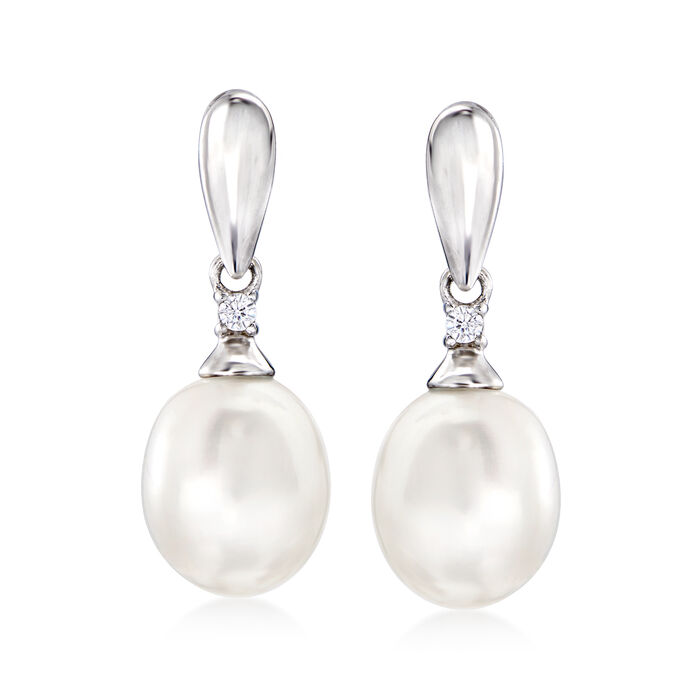 Italian 9-9.5mm Cultured Pearl Drop Earrings with CZ Accents in Sterling Silver