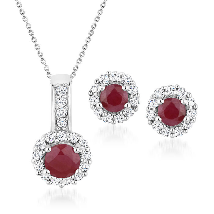 1.20 ct. t.w. Ruby and .80 ct. t.w. White Topaz Jewelry Set: Earrings and Pendant Necklace in Sterling Silver