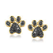 Black Diamond-Accented Paw Print Earrings in 14kt Yellow Gold