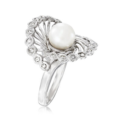C. 1980 Vintage 7.5mm Cultured Pearl and .35 ct. t.w. Diamond Pinwheel Ring in 14kt White Gold