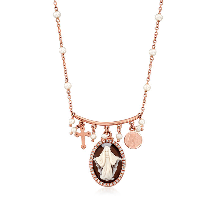 Italian Shell Cameo, 3-3.5mm Cultured Pearl and .10 ct. t.w. CZ Religious Charm Necklace in 18kt Rose Gold Over Sterling