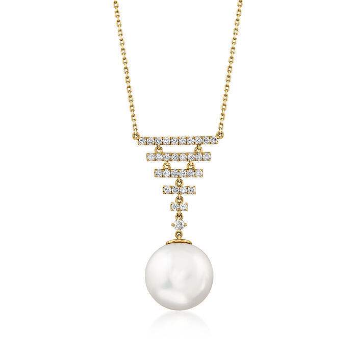 14mm Cultured Pearl and .70 ct. t.w. Diamond Necklace in 14kt Yellow Gold