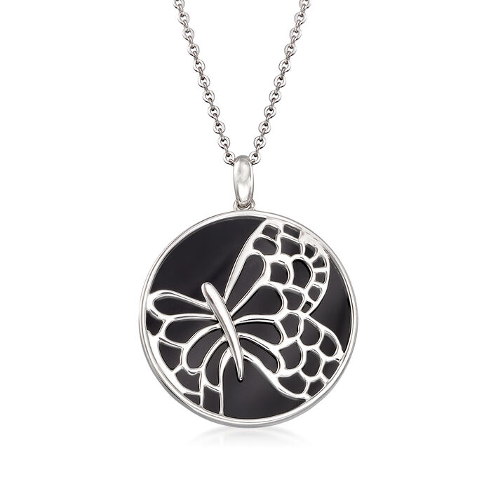 Black Onyx Butterfly Pendant Necklace in Sterling Silver