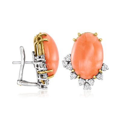 C. 1970 Vintage Pink Coral and .90 ct. t.w. Diamond Earrings in 14kt Two-Tone Gold