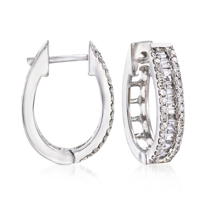 1.02 ct. t.w. Baguette and Round Diamond Hoop Earrings in 14kt White Gold