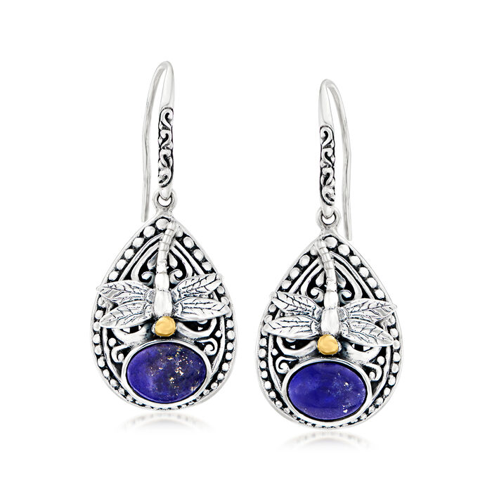 Lapis Bali-Style Dragonfly Drop Earrings in Sterling Silver with 18kt Yellow Gold
