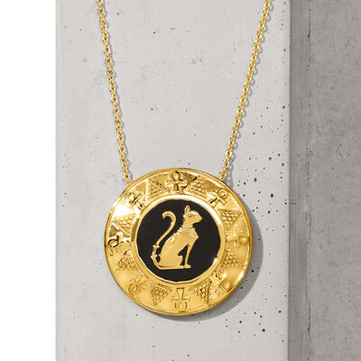 Black Onyx Cat Medallion Pendant Necklace in 18kt Gold Over Sterling