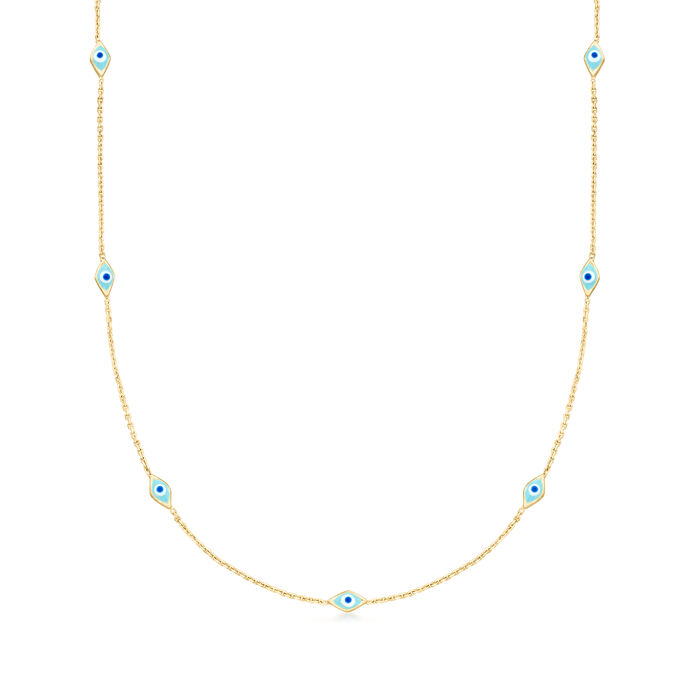 Blue and White Enamel Evil Eye Station Necklace in 14kt Yellow Gold