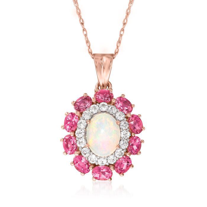 Opal and 2.50 ct. t.w. Pink Tourmaline Pendant Necklace with 1.00 ct. t.w. White Topaz in 18kt Rose Gold Over Sterling