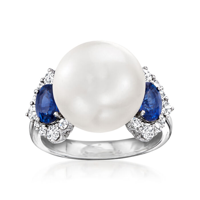 13mm Cultured South Sea Pearl Ring with 1.30 ct. t.w. Sapphires and .51 ct. t.w. Diamonds in 18kt White Gold