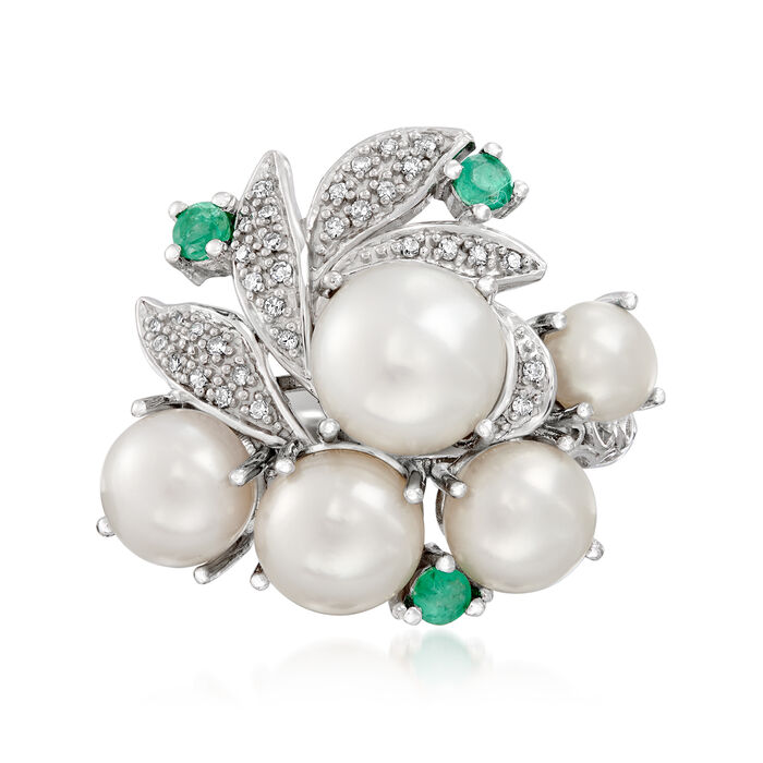 Cultured Pearl and Diamond Cluster Ring with Emeralds in Sterling Silver
