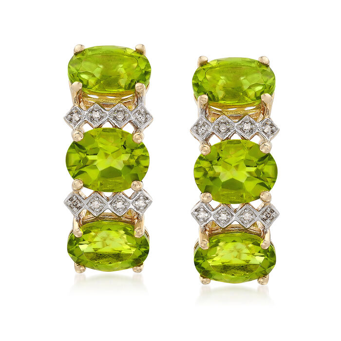 9.25 ct. t.w. Three-Stone Peridot Drop Earrings with Diamond Accents in 14kt Yellow Gold
