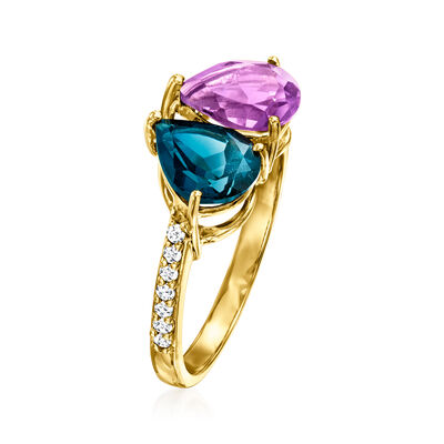 1.30 Carat London Blue Topaz and 1.00 Carat Amethyst Toi et Moi Ring with .11 ct. t.w. Diamonds in 14kt Yellow Gold