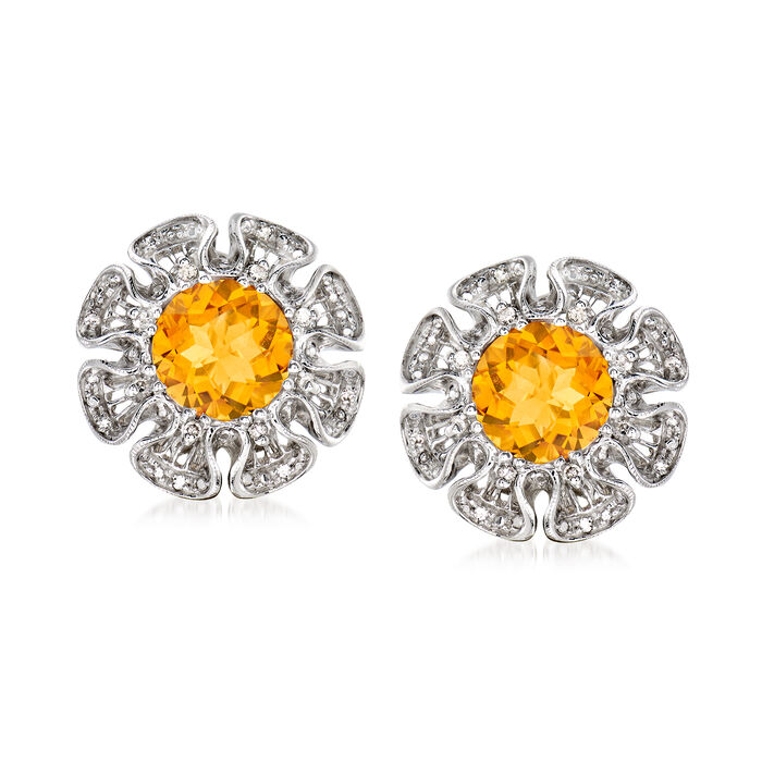 C. 1990 Vintage 6.00 ct. t.w. Citrine and .25 ct. t.w. Diamond Flower Earrings in 14kt White Gold