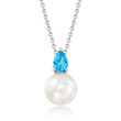 Gabriel Designs 9-9.5mm Cultured Pearl and .49 Carat Swiss Blue Topaz Pendant Necklace in Sterling Silver