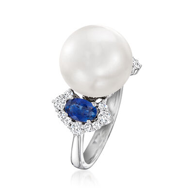 13mm Cultured South Sea Pearl Ring with 1.30 ct. t.w. Sapphires and .51 ct. t.w. Diamonds in 18kt White Gold