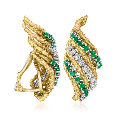 C. 1970 Vintage 1.80 ct. t.w. Emerald and 1.00 ct. t.w. Diamond Twisted Clip-On Earrings in 18kt Two-Tone Gold