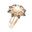 7-7.5mm Cultured Pearl and .27 ct. t.w. Multicolored Sapphire Flower Ring with Brown Diamond Accents in 14kt Yellow Gold