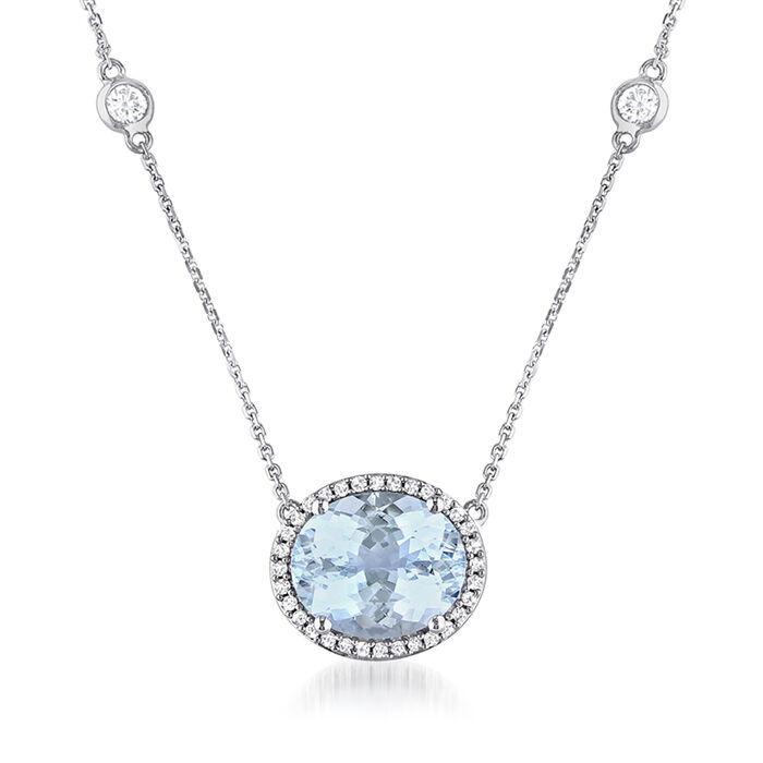 4.10 Carat Aquamarine and .80 ct. t.w. White Sapphire Necklace with .16 ct. t.w. Diamonds in 14kt White Gold