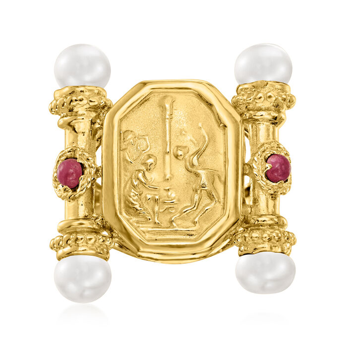 Italian Tagliamonte 5-5.5mm Cultured Pearl and .40 ct. t.w. Ruby Etruscan-Style Ring in 18kt Gold Over Sterling