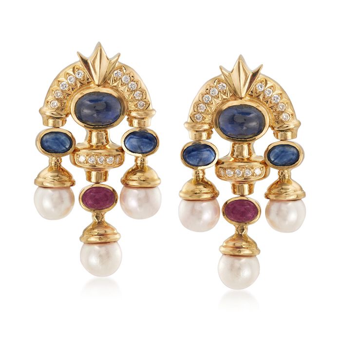 C. 1990 Vintage 7.5mm Cultured Pearl and 10.10 ct. t.w. Multi-Stone Drop Earrings in 18kt Gold