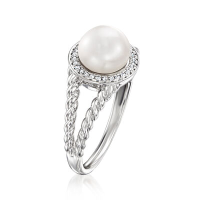 7.5-8mm Cultured Pearl Ring with Diamond Accents in Sterling Silver