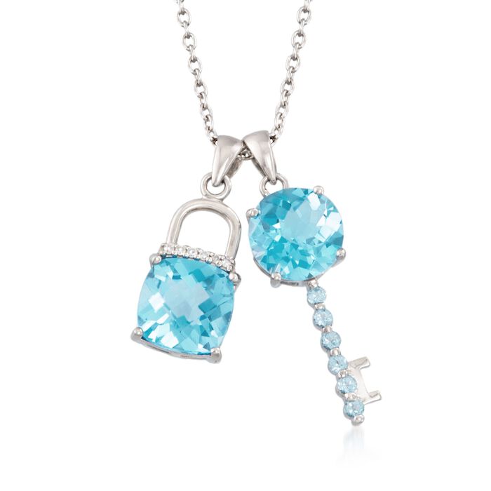 8.40 ct. t.w. Blue Topaz Lock and Key Charm Necklace with Diamond Accents in Sterling Silver