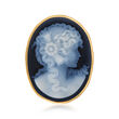 C. 1970 Vintage Blue Agate Cameo Pin Pendant in 18kt Yellow Gold