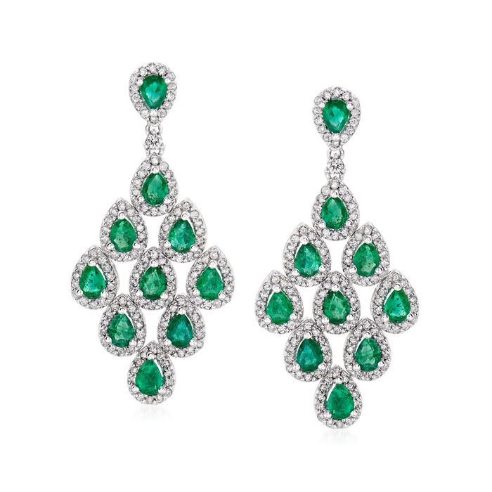 3.00 ct. t.w. Emerald and 1.46 ct. t.w. Diamond Drop Earrings in 14kt White Gold