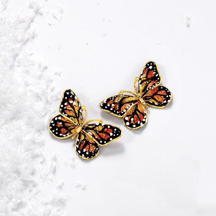 Italian Multicolored Enamel Butterfly Earrings in 18kt Yellow Gold