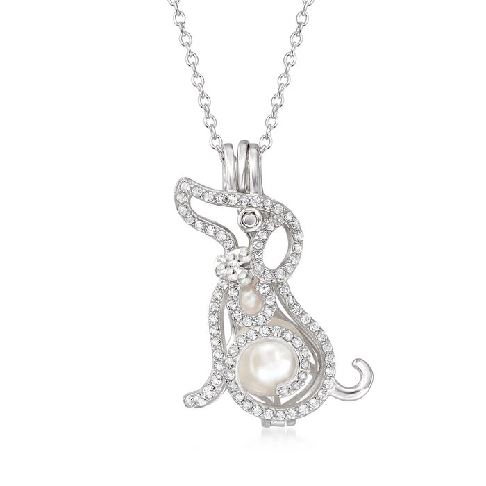 4-7mm Cultured Pearl and .40 ct. t.w. White Topaz Dog Pendant Necklace in Sterling Silver