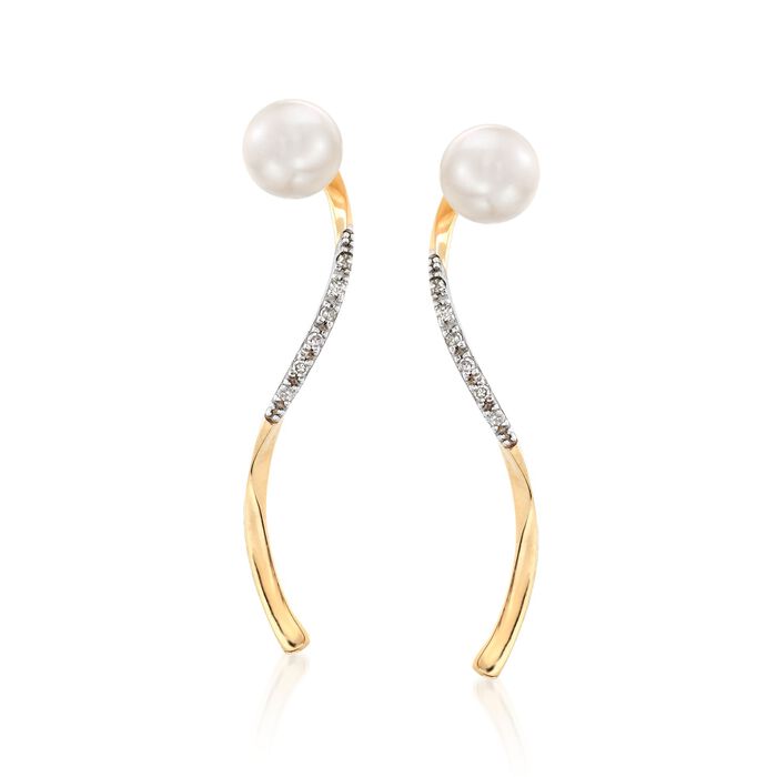 7-7.5mm Cultured Pearl and .10 ct. t.w. Diamond Twisted Drop Earrings in 14kt Yellow Gold