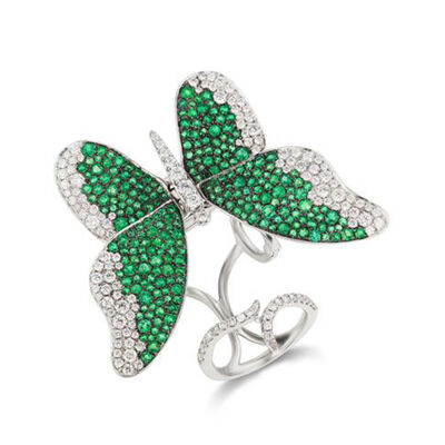 3.90 ct. t.w. Emerald and 1.85 ct. t.w. Diamond Butterfly Double Ring in 18kt White Gold