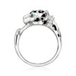 Charles Garnier Sterling Silver and Black Enamel Panther Ring with CZ and Simulated Emerald Accents