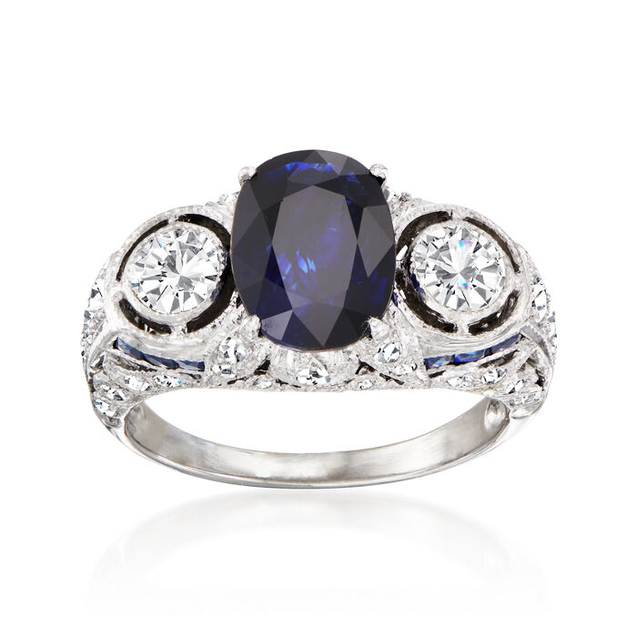 C. 1980 Vintage 2.78 ct. t.w. Sapphire and 1.20 ct. t.w. Diamond Filigree Ring in 18kt White Gold