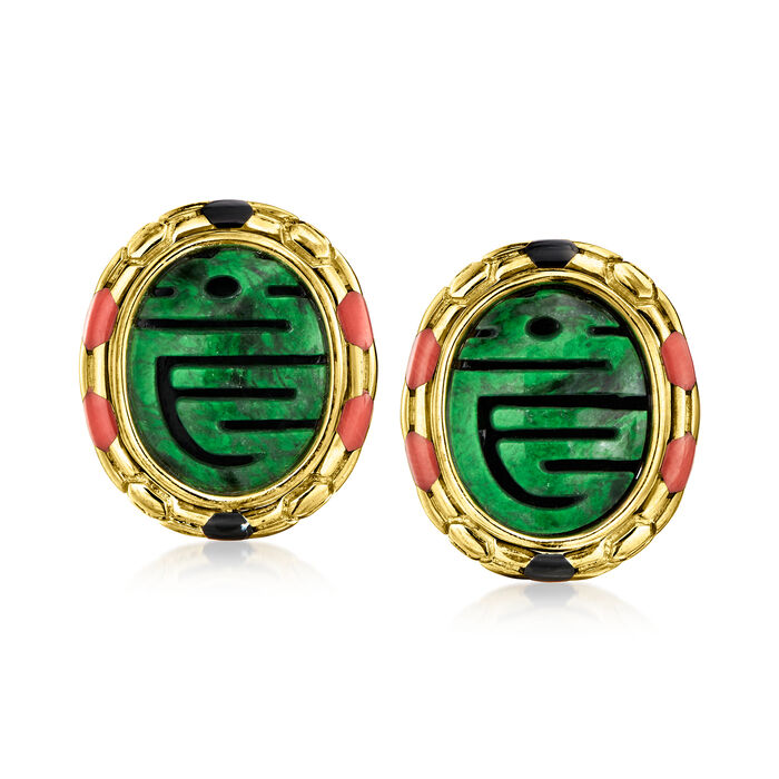 C. 2000 Vintage Jade, Red Coral and Onyx Earrings in 14kt Yellow Gold