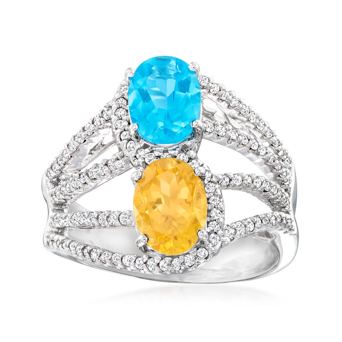 1.50 Carat Swiss Blue Topaz and 1.10 Carat Citrine Ring with .43 ct. t.w. Diamonds in 14kt White Gold