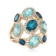 2.80 ct. t.w. Blue Topaz and 1.10 ct. t.w. Sapphire Ring with .58 ct. t.w. Diamonds in 14kt Yellow Gold