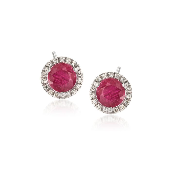 2.00 ct. t.w. Ruby and .15 ct. t.w. Diamond Halo Stud Earrings in 14kt White Gold